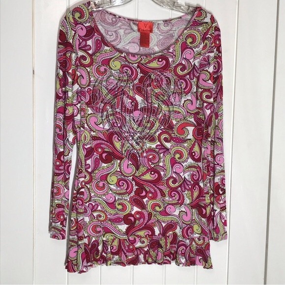 V Christina Long Sleeve Paisley Embellished Ruffled Top Size MEDIUM - Picture 3 of 10